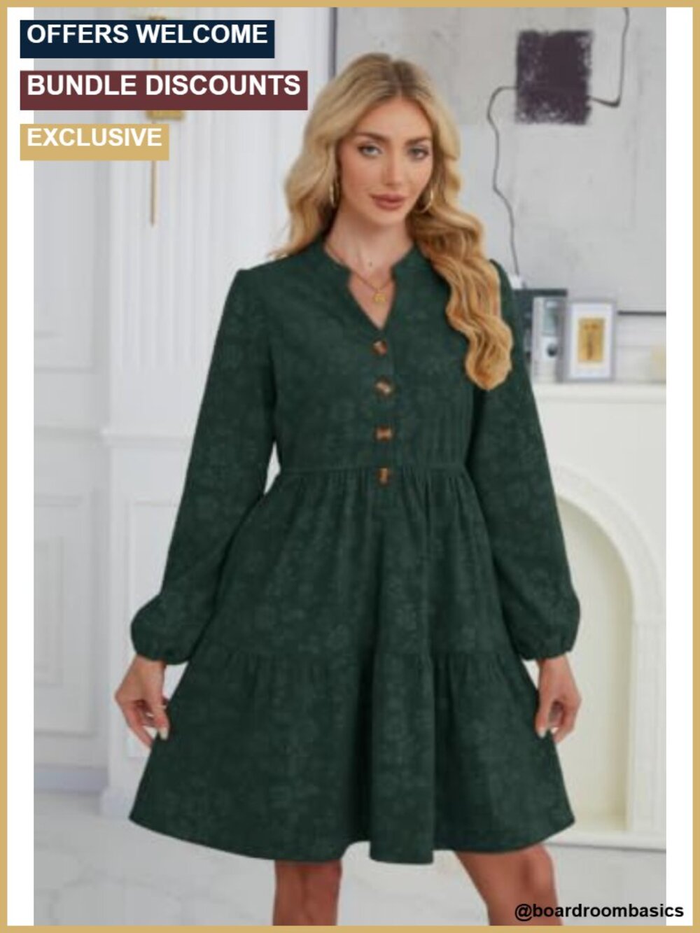 Women's Corduroy Long Sleeve Above Knee Work Dress with Pockets - Picture 4 of 6
